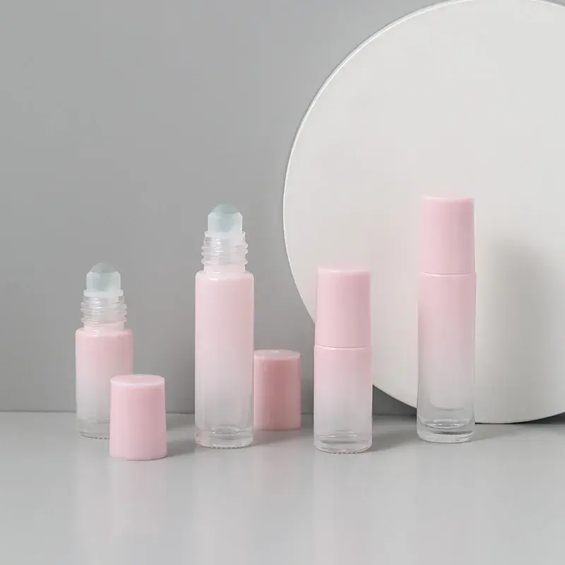 Individuelles Logo 5 ml 10 ml rosa glas rollen auf flasche kosmetik parfüm ätherisches Öl flasche mit kugel augenmassage perlen flaschen