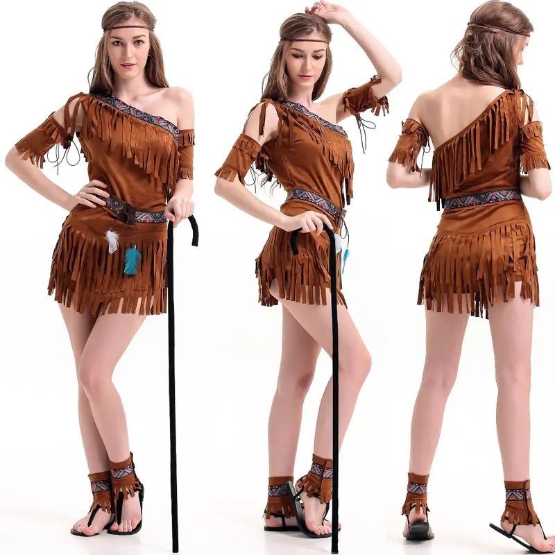 Fantasia de carnaval para mulheres, Pocahontas, indiano nativo americano, fantasia de cosplay, vestido selvagem do Oeste