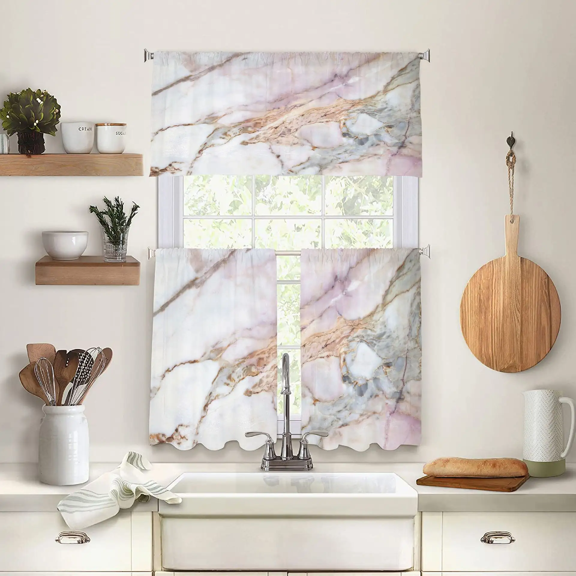 Marble Pattern Kitchen Curtains Window Curtains and Valances Set of 3 Modern Art Background Short Tier Curtain for Kitchen
