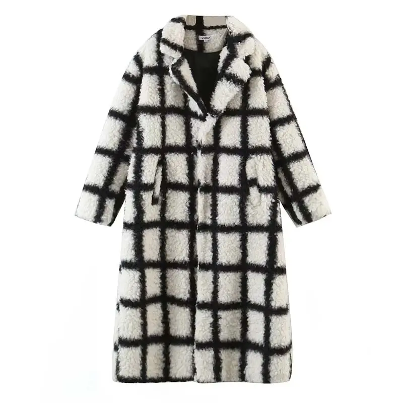 Женское бархатное пальто с лацканами, черно-белое утолщенное пальто из овечьей шерсти в клетку, новинка 2022