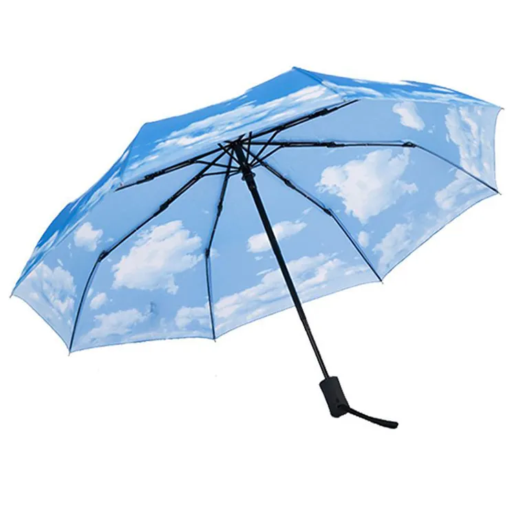 Guarda-chuva personalizado promocional com logotipo impresso chuva azul céu nuvem branca guarda-chuva dobrável elegante totalmente automático em massa