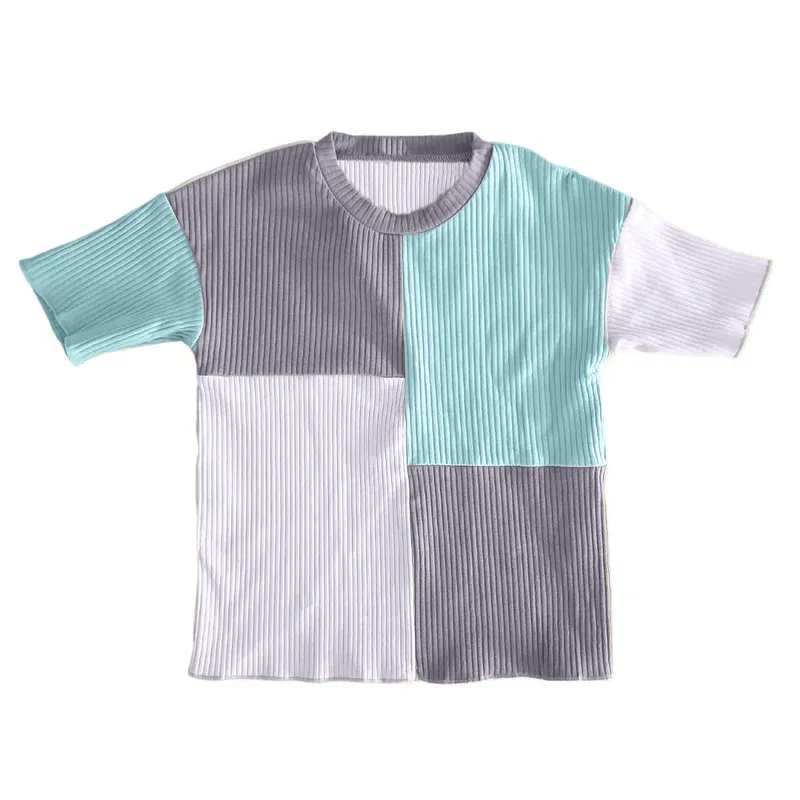 T-shirt manica corta Patchwork bambino in cotone a coste personalizzato ricamo T-Shirt vestibilità rilassata abbigliamento per bambini all'ingrosso