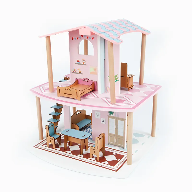 Classic Small Dream Pink Doll House Pretend Toy DIY Assembly Wooden Kids Doll House com Móveis brinquedos para meninas