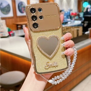 Yeni ürün elektroliz yumuşak TPU makyaj aynası el kayışı altın Glitter telefon kılıfı kapak Samsung Galaxy S24 Ultra