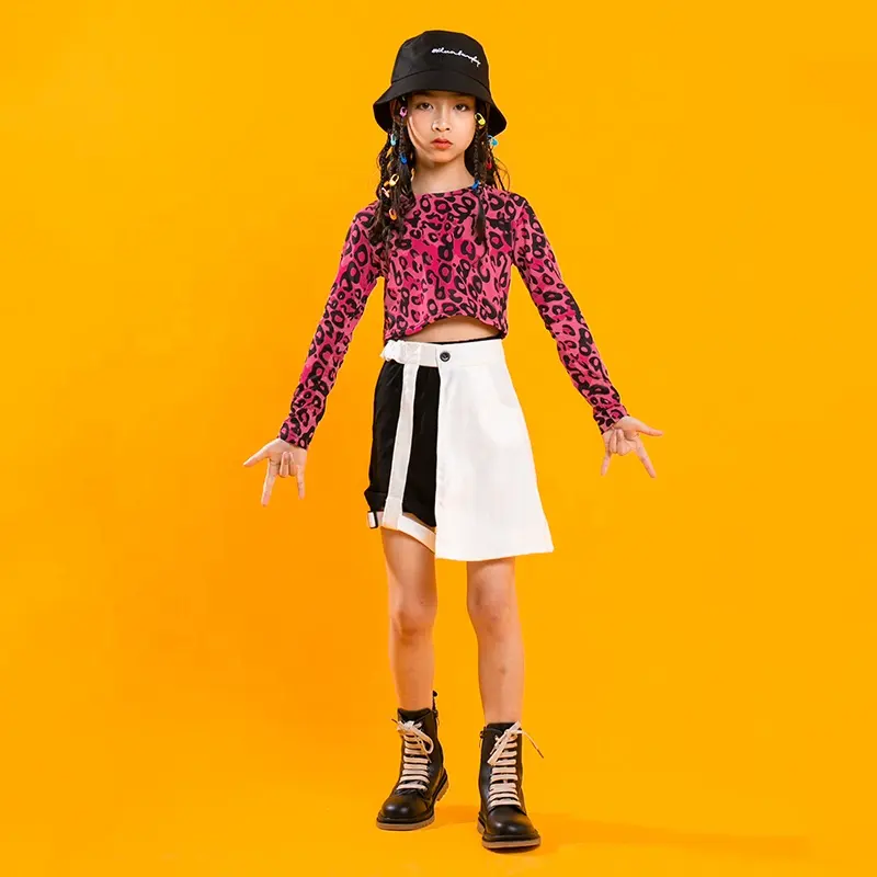 Ropa de concierto de Hip Hop para niños, Top corto con estampado de leopardo, camisa de manga larga, ropa de calle, pantalones cortos para niña, ropa de traje de baile de Jazz