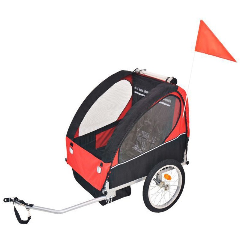 Red and black 2-wheel child trailer
