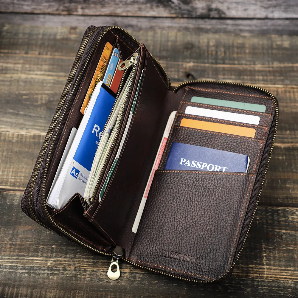 Çok yönlü çift Zip etrafında tam tahıl hakiki deri seyahat bileklik Rfid kart telefon pasaport tutucu cüzdan erkekler için bozuk para cüzdanı