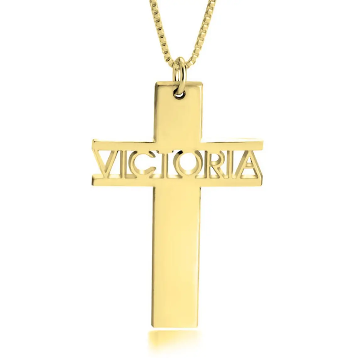 Colgante de Cruz moderno de acero inoxidable pulido alto, nombre personalizado chapado en oro de 18K grabado para mujeres Unisex