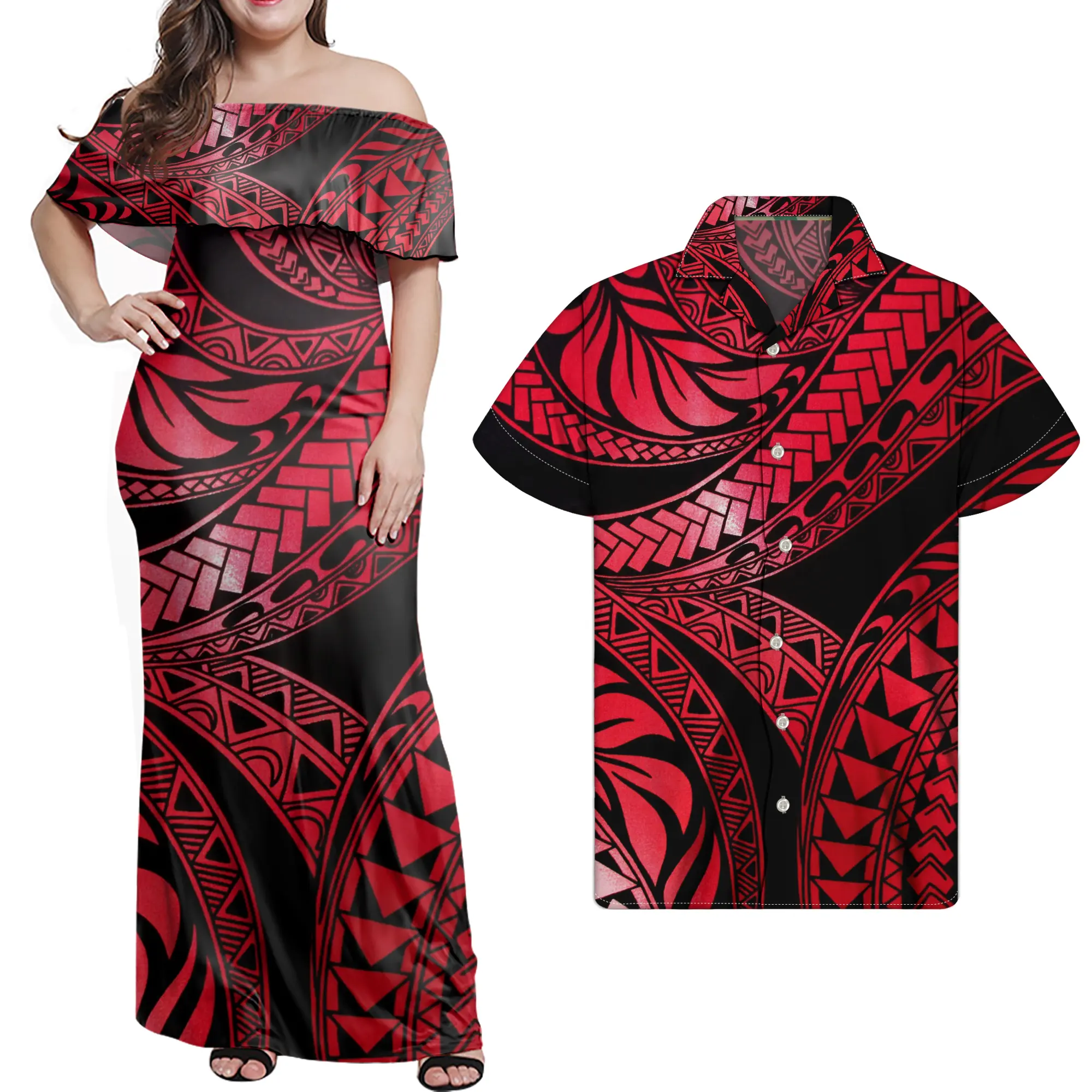 赤いカップルの服セットジムレディースアフリカンカップル服ポリネシア部族デザイン女性ファンキーなドレスマッチング男性シャツ