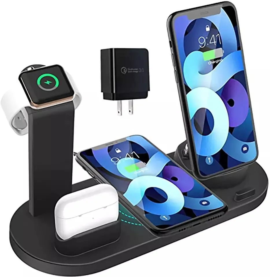 Cargador inalámbrico 6 en 1, estación de carga rápida de 15W, cargadores inalámbricos para teléfono de escritorio, iPhone y Airpods