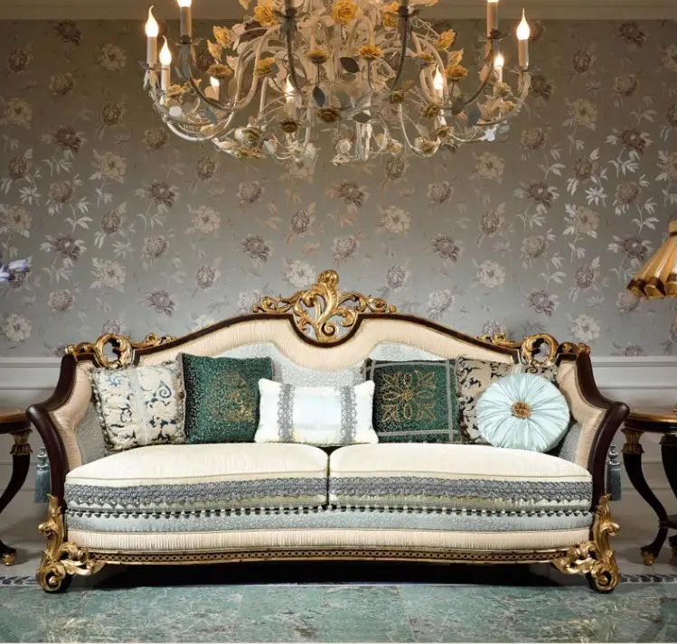 Sofa de sala de estar sofisticado: elegante marco de madera maciza negra con patas doradas | Estilo vintage hecho a mano