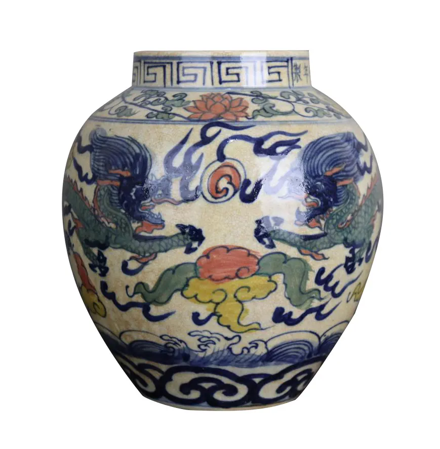 Cubo Dolor azul y blanco con diseño de dragón doble, maceta, productos antiguos, jarrón de cerámica de China