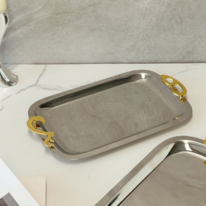 2025 Bán hàng nóng ánh sáng sang trọng bạc nghệ thuật khay kim loại thép không gỉ thực phẩm phục vụ khay thiết lập với xử lý Vàng - Product Image 5