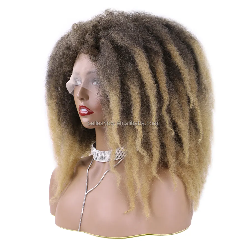 Wig Afro Marley Sintetis, Rambut Palsu Renda Depan dengan Poni, Wig Keriting Pendek Tahan Panas untuk Wanita, Cosplay Ombre Tanpa Lem