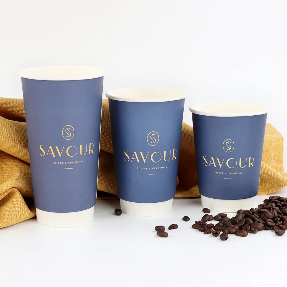 Tazze da caffè a doppia parete in carta Kraft con rivestimento in Pe stampato Logo personalizzato colorato all'ingrosso usa e getta per bevanda calda