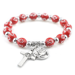 Multi-color Plastic <strong>Beads</strong> 8mm Cheap Cross Bracelets Strong Elastic Rope Catholic Bracelets With Rose Medal - Product Image 6