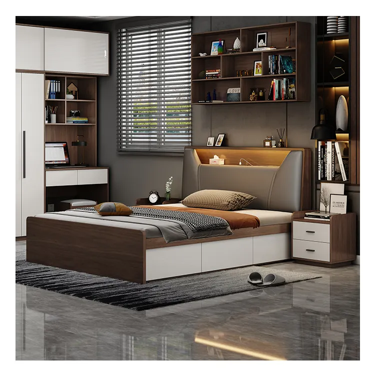 Juego de muebles de dormitorio tamaño king cama de plataforma completa con luces LED de almacenamiento