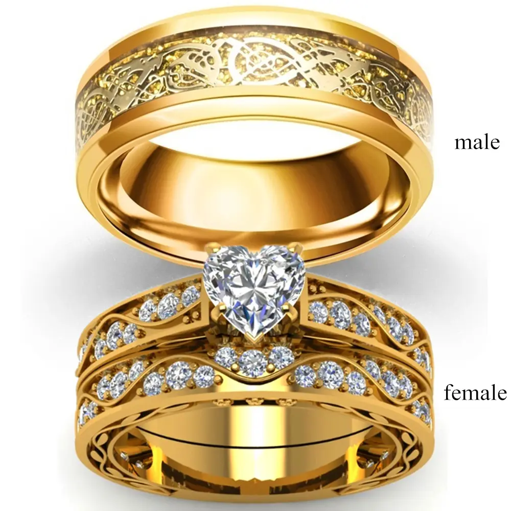Conjunto de anéis de casal 3 pçs, joias da moda 18k, cor dourada, padrão de dragão, anéis para casal, zircônia, coração, anel de casamento, para noiva