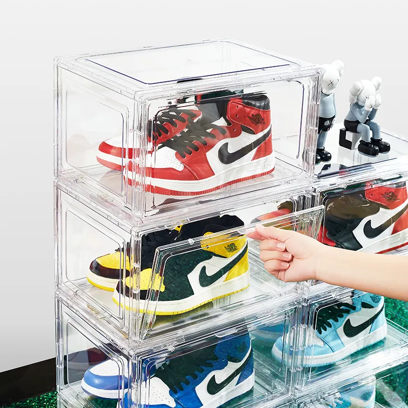 Kunden spezifisches Markenlogo Voll magnetisch stapelbar Transparent Sneaker Lagerung Klar PET Stapelbar Drop Front Schuhkarton Kunststoff