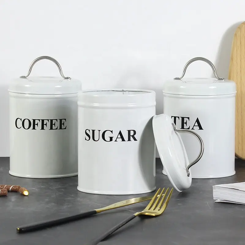 Conjunto de lata de metal com 3 peças, kit retrô de armazenamento de cozinha para açúcar, café, chá, canister