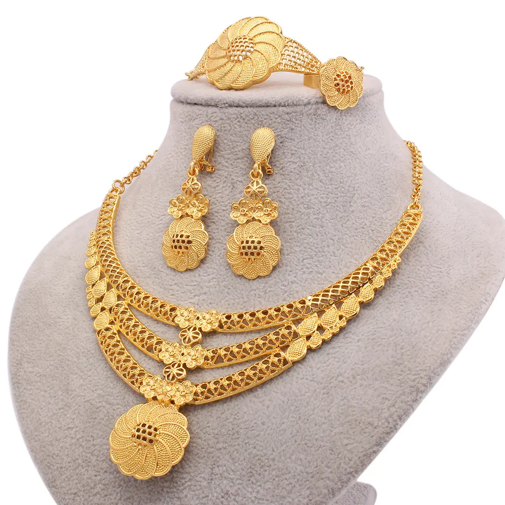 Bridal Vòng cổ trang sức thiết lập sang trọng Nigeria Bộ ethiopian 24K mạ Vàng Bộ đồ trang sức