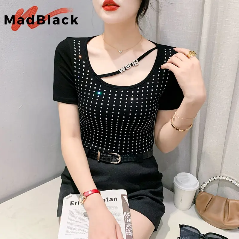 MadBlack Verão Irregular Camisetas Curtas Senhoras Sexy Brilhante Quente Broca Patchwork Magro Cropped Tops Manga Curta Tees Novo T35448C