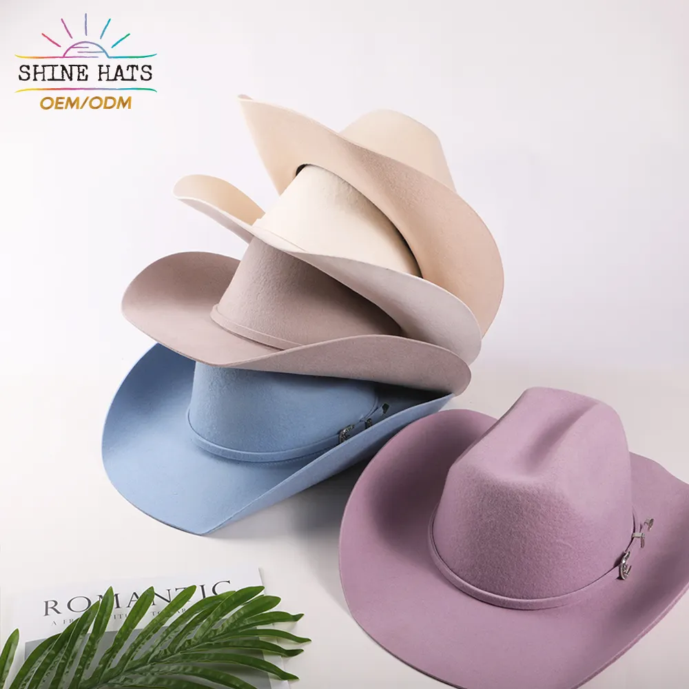 Shinehats 2024 Nieuwe Aankomst Hoge Kwaliteit Groothandel Kleurrijke Vrouwen Cowboyhoed Opgerolde Rand Sombrero Voelde Brede Rand Fedora Hoeden