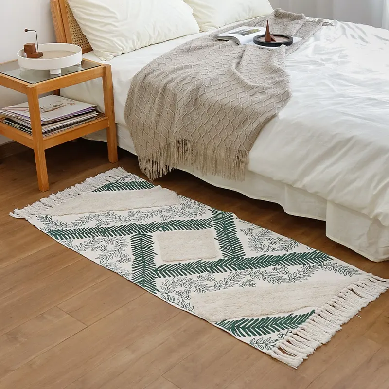 Hilo de algodón impreso borla empenachada alfombra de piso decoración Boho mano empenachado alfombras de piso con borla