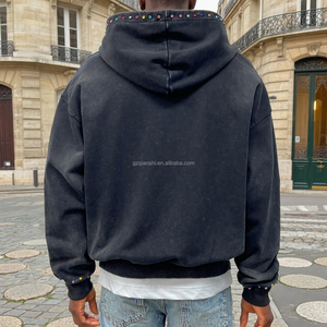 Qianshi güneş soluk çift yıkanmış Zip Hoodie Rhinestone bırak omuz Hoodie fransız Terry asit yıkama grafik fermuarlı kapüşonlu svetşört erkekler için - Product Image 2