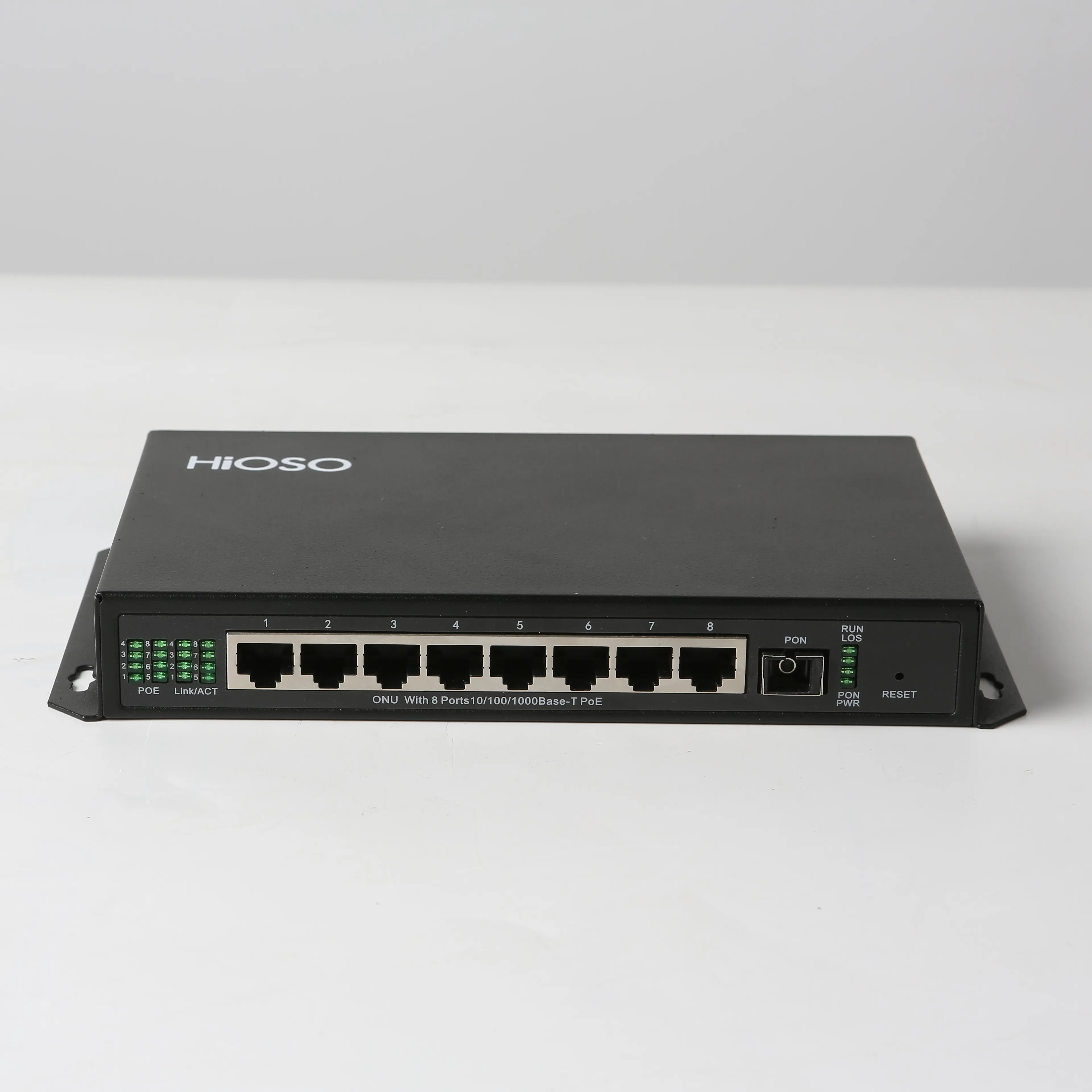 HiOSO GPON ONU, 8 gigabit POE portu ve 1 gigabit SFP ışık bağlantı noktası ile yüksek kaliteli duvara monte edilmiş metal muhafazaya sahiptir