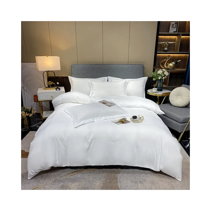 Seprai tempat tidur Hotel katun 100% pabrik gaya polos putih 4 buah Set seprai penutup selimut kamar tidur bantal penggunaan Hotel