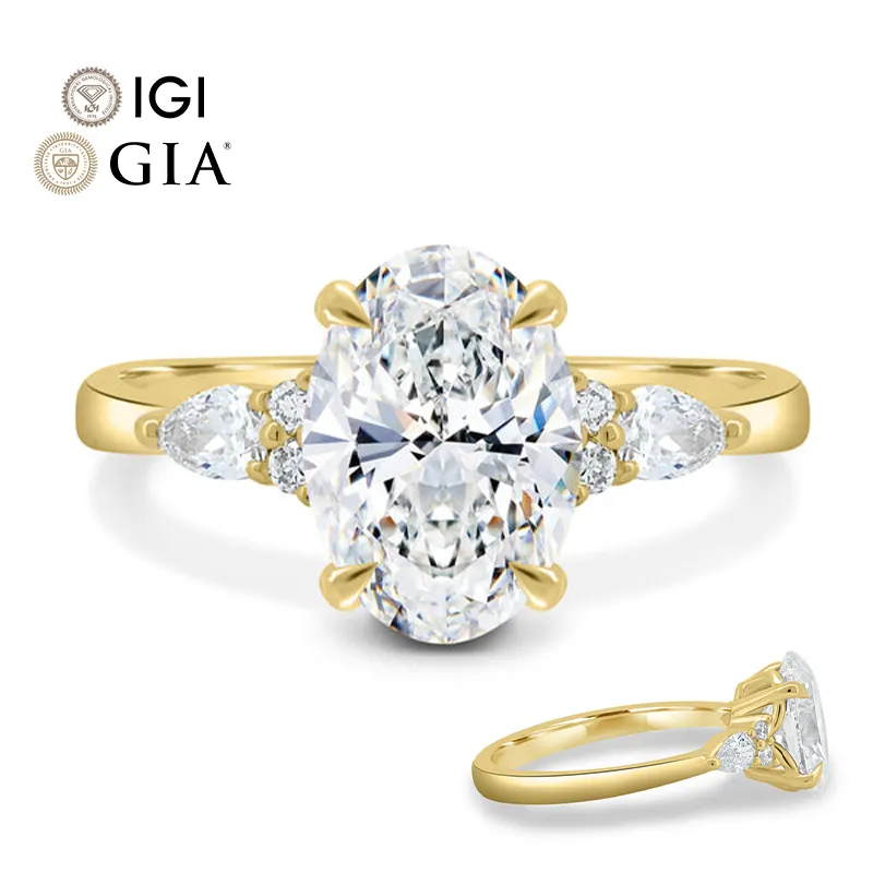 Gia Igi zertifiziert Cvd Lab erwachsener geschaffener Diamant echtes Gold oval geschnitten drei Steine Verlobungsring 1 2 3 Ct Karat Schmuck für Damen