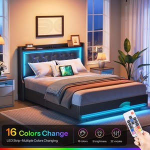 เตียงแฝด/คู่/เต็ม/เตียงขนาดควีนไซส์พร้อมหัวเตียงหุ้มโครงเตียงสีดำพร้อมไฟ LED ชาร์จไฟสถานี USB - Product Image 3