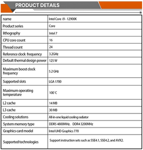 <strong>Desktop</strong> <strong>Processor</strong> Intel Core I9-12900K CPU (Tray, Alder Lake Architecture,16Core(8P+8E)24Threads,3.2/5.2GHz,LGA1700,20MB,125W)