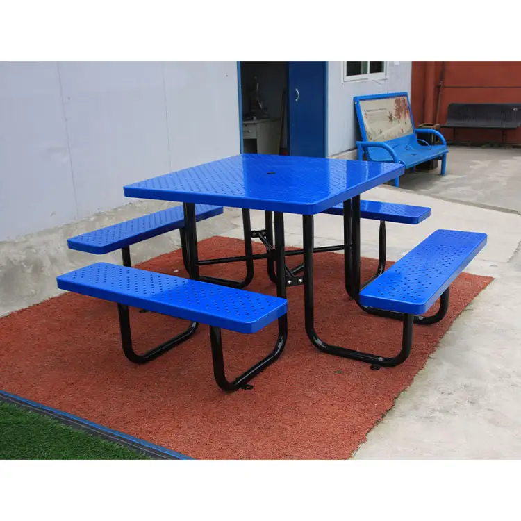 גן חיצוני 8 seater שולחן פיקניק פלדה מחורר עם ספסל ריהוט מתכת שולחן פינת אוכל