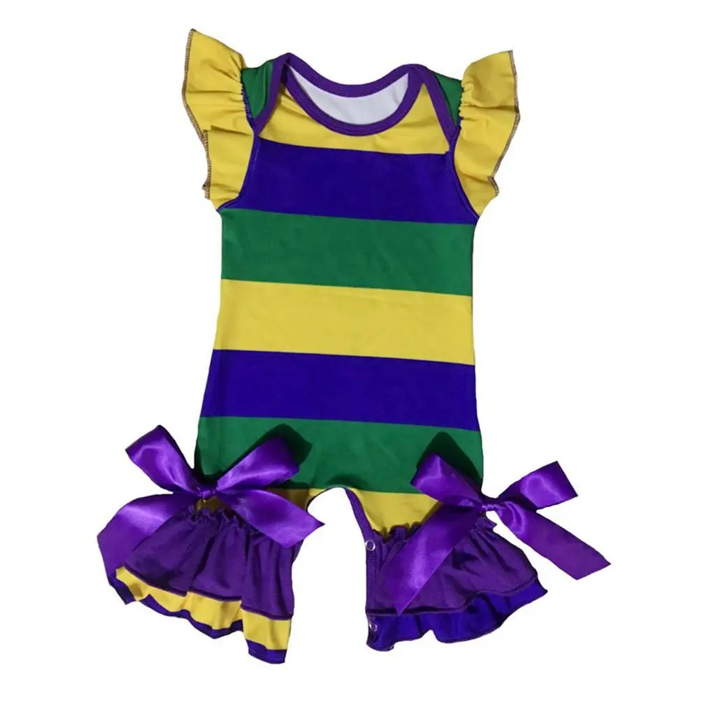 All'ingrosso bambini Mardi Gras camicia Ruffle Milk Silk pagliaccetto Bow Strip baby tuta per neonate