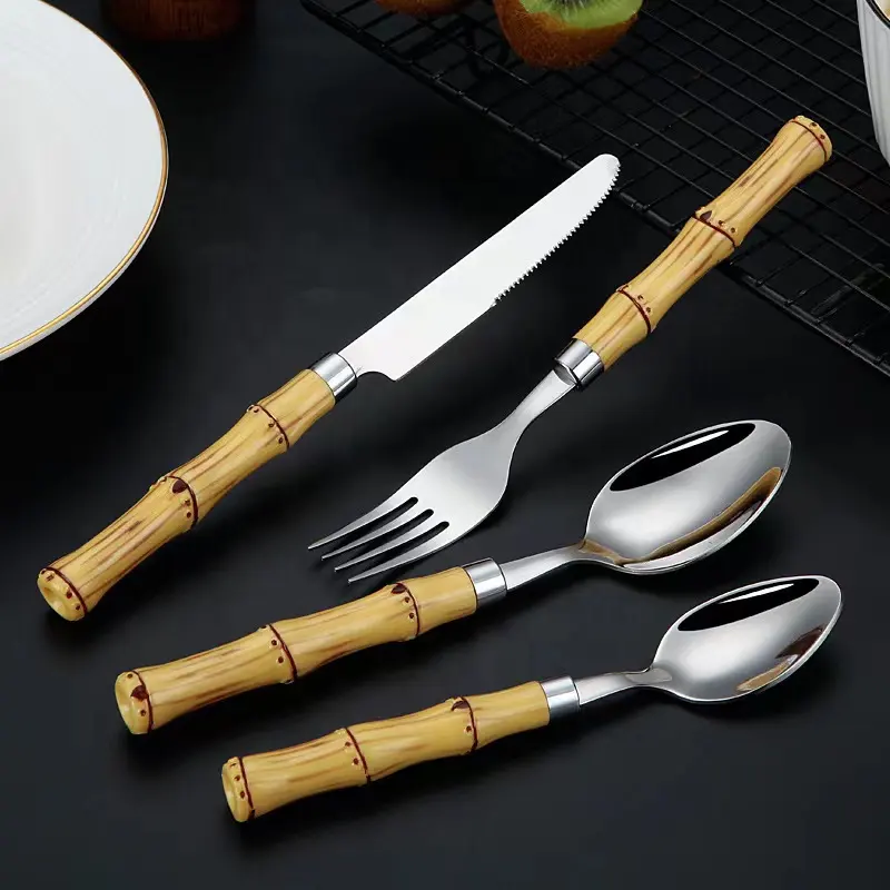 Bambus gelenke Besteckset Edelstahl Spiegel politur Elegantes Geschirr Western Steak Messer Gabel Löffel mit Kunststoff griff