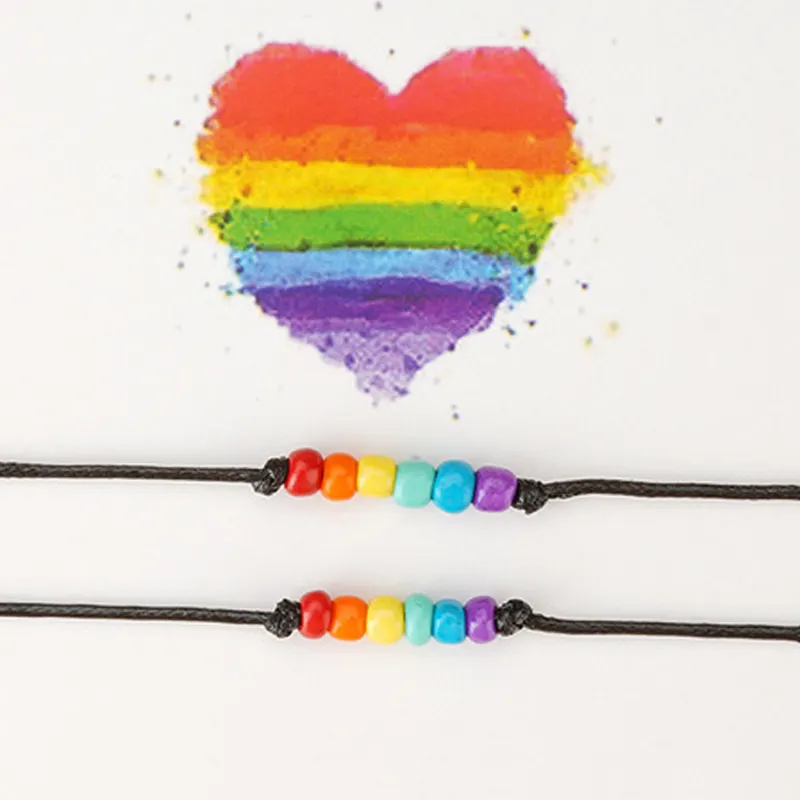 สร้อยข้อมือหัวใจ2ชิ้น/เซ็ต Love Is Love Rainbow Pride Wish,สร้อยข้อมือเชือกสายรุ้ง LGBT เครื่องประดับความภาคภูมิใจของเกย์สำหรับผู้หญิงผู้ชายของขวัญมิตรภาพ