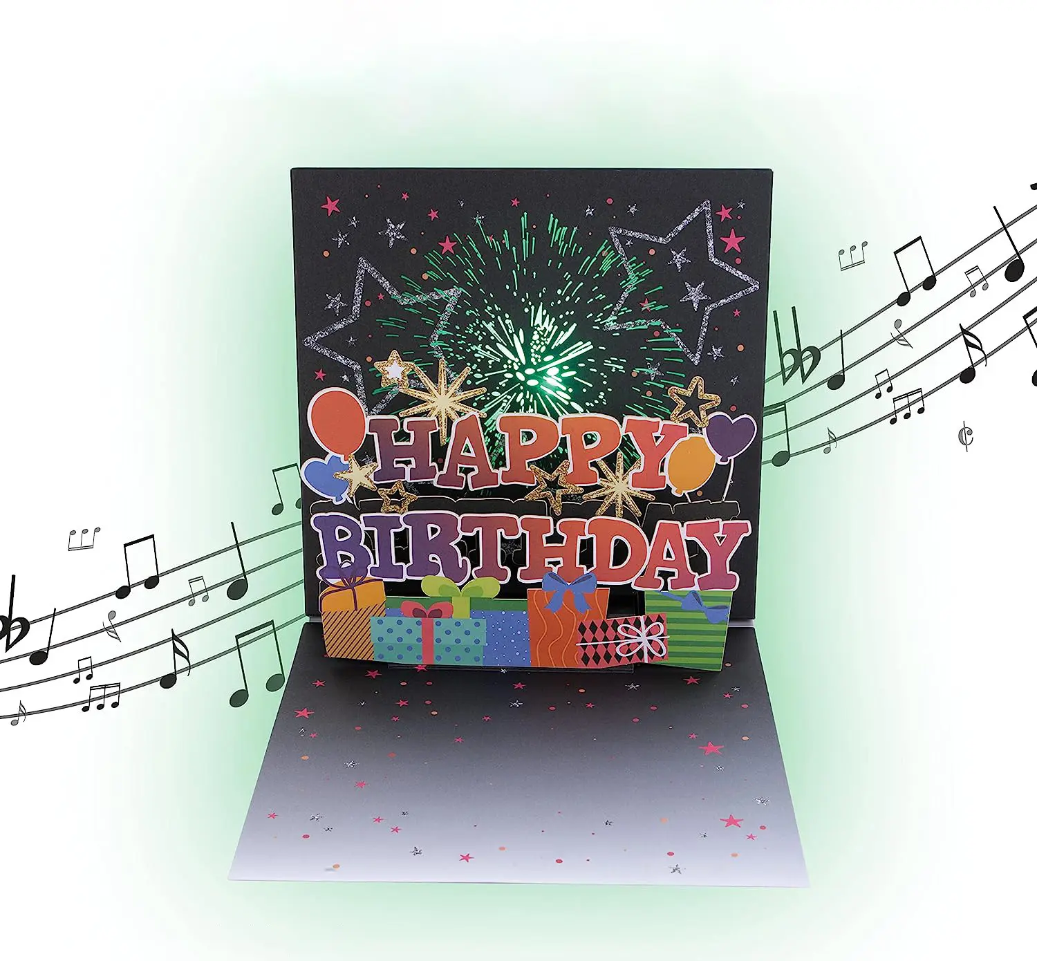 Cartão congratulatório 3D estéreo Luz cartão fogos de artifício estourar aplausos música pop up música aniversário cartão