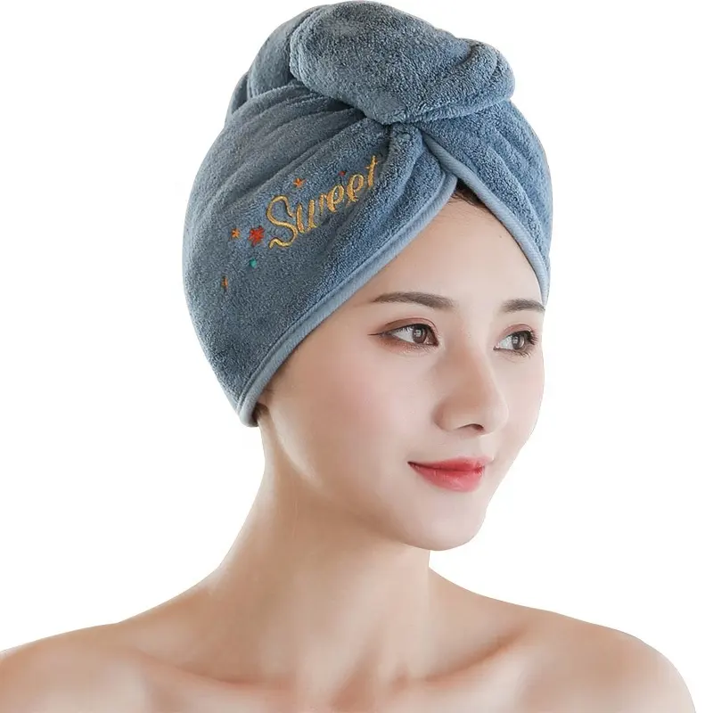 Logo personalizzato parrucchiere cappello magico ad asciugatura rapida con bottone doccia cuffia avvolta SPA asciugamano per capelli ricci lunghi asciugamano per capelli in microfibra