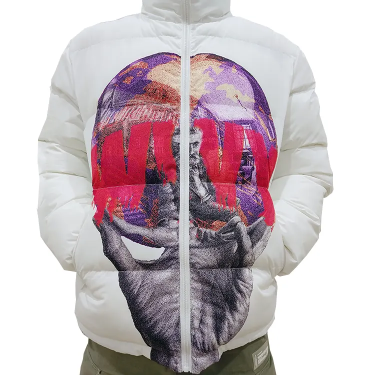 MOQ BASSO logo personalizzato bomber giacca con collo a imbuto uomini trapuntato stampato puffer giacche giacca invernale verso il basso in bianco