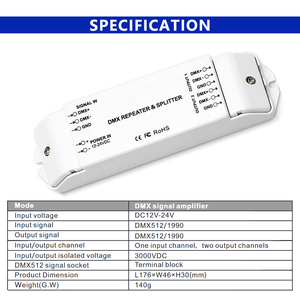 Amplificador de señal DMX para lámpara LED, módulo de tira de píxeles DMX512, 1 entrada a 2 salidas, 1990, 12V, 24V, DMX512, 1 entrada a 2 salidas - Product Image 6