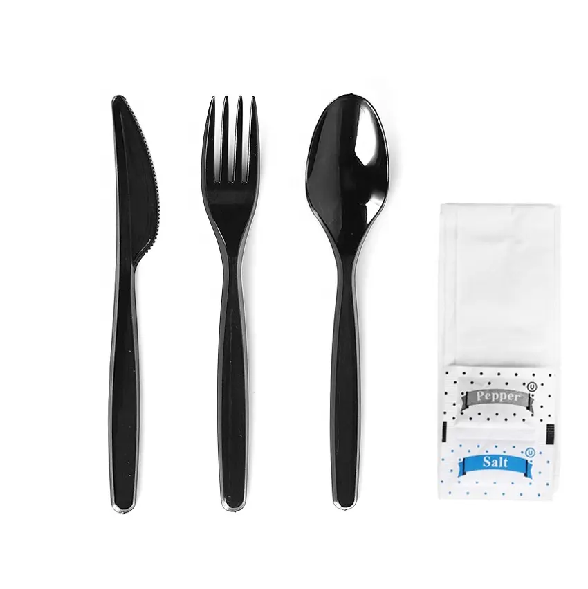 使い捨て5in1個別包装PSプラスチックカトラリーセットフォークスプーンナイフ、ナプキンつまようじ付き