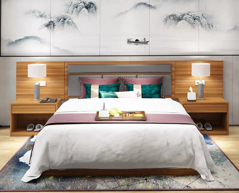 Personalizado clásico de lujo moderno Hotel doble ropa de cama Suite habitación de madera dormitorio conjunto de muebles con 5 estrellas estándar