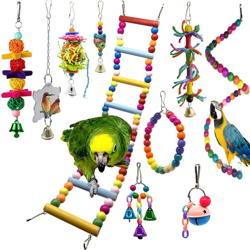 תוכי כלוב צעצועי ציפור נדנדה צעצועי פעמוני ציפור מוט עם טבעי עץ חרוזים פעמוני תליית צעצועי עבור Budgie Lovebirds לconures parak