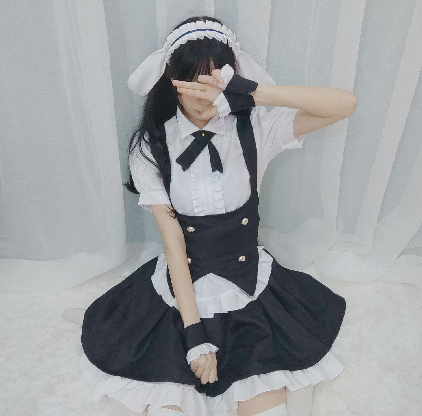 Vestido Negro + Chaleco + Lazo + Muñequeras + Adorno para la Cabeza