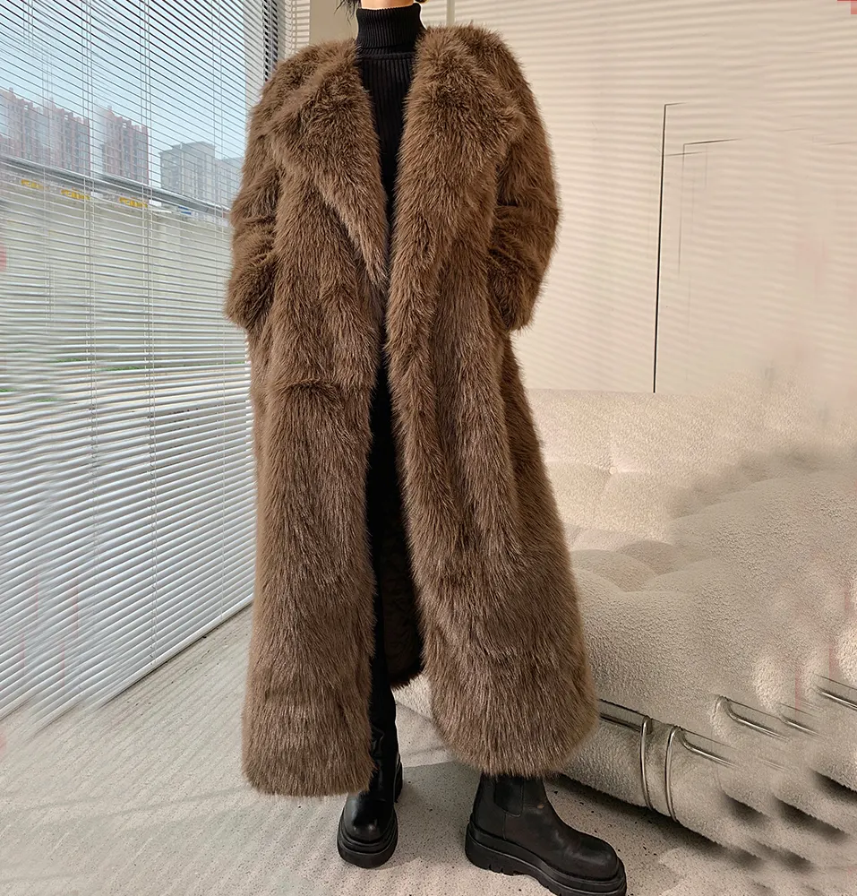 Long maxi manteau en fausse fourrure garni de fourrure pour les femmes en hiver longue ligne solide hiver veste en fourrure cisaillée