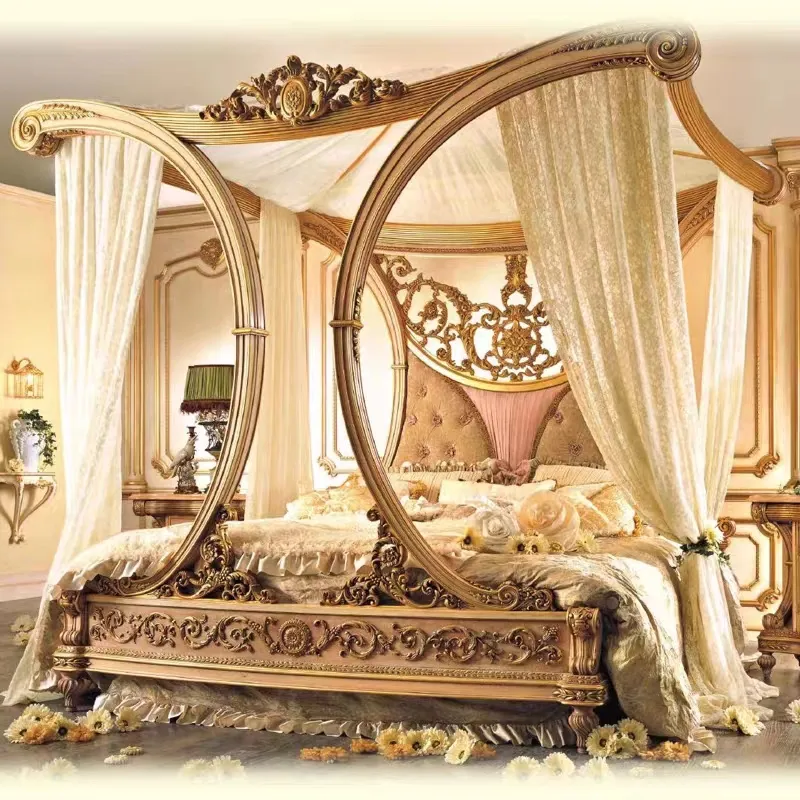 Marco de cama doble tapizado de terciopelo real tamaño King último diseño cama muebles de habitación madera de lujo clásico tallado cama con dosel