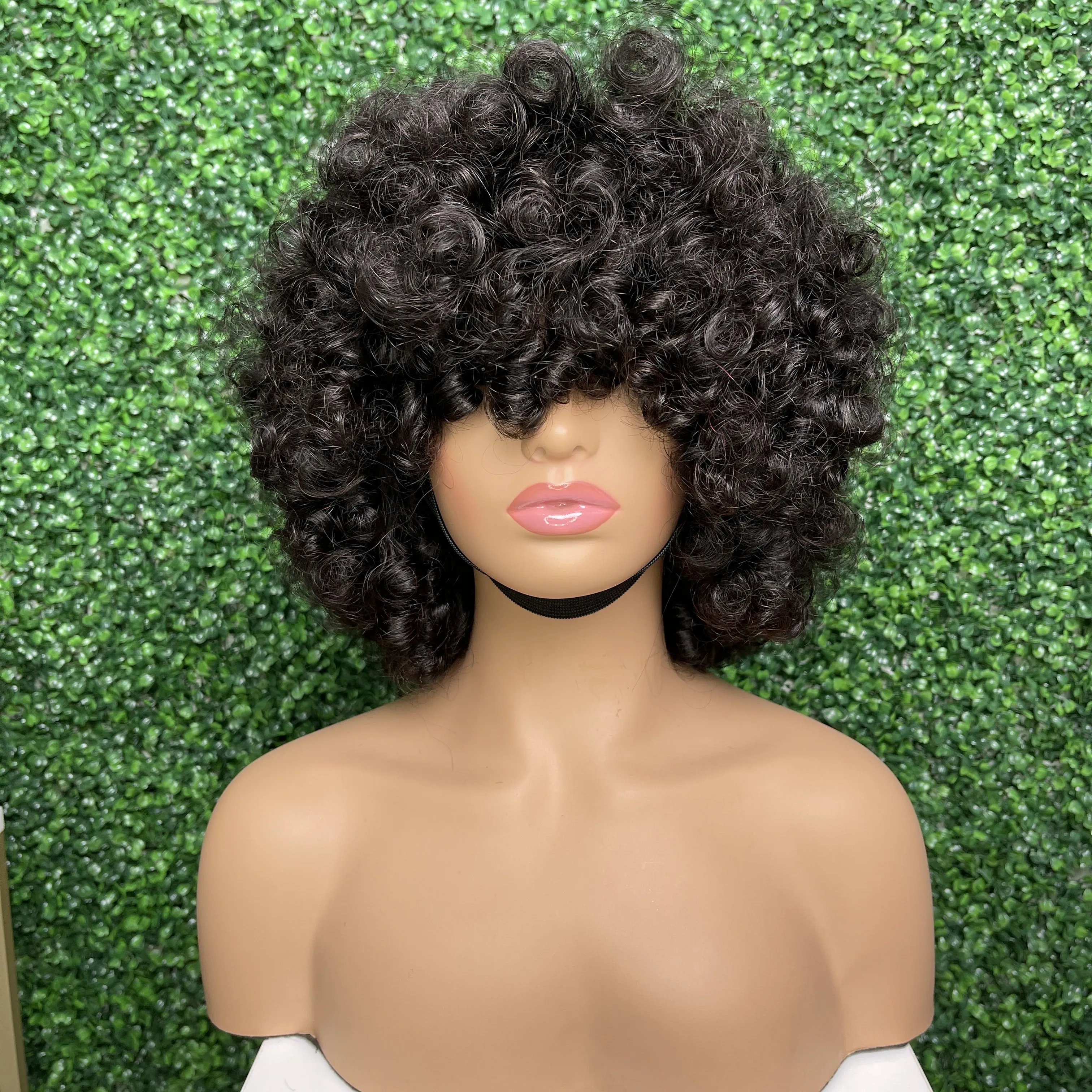 Super Double Drawn Machine Made Wigs Human Hair Wig With Bang Fumi Curly Hairstyles 200 Density Non Lace Color Can Choose