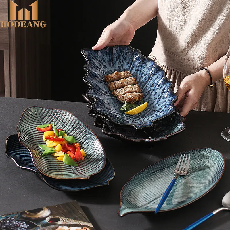 Toptan yemek tabakları yaratıcı muz yaprak şekilli mavi sır fırın değişimi yemek tabağı